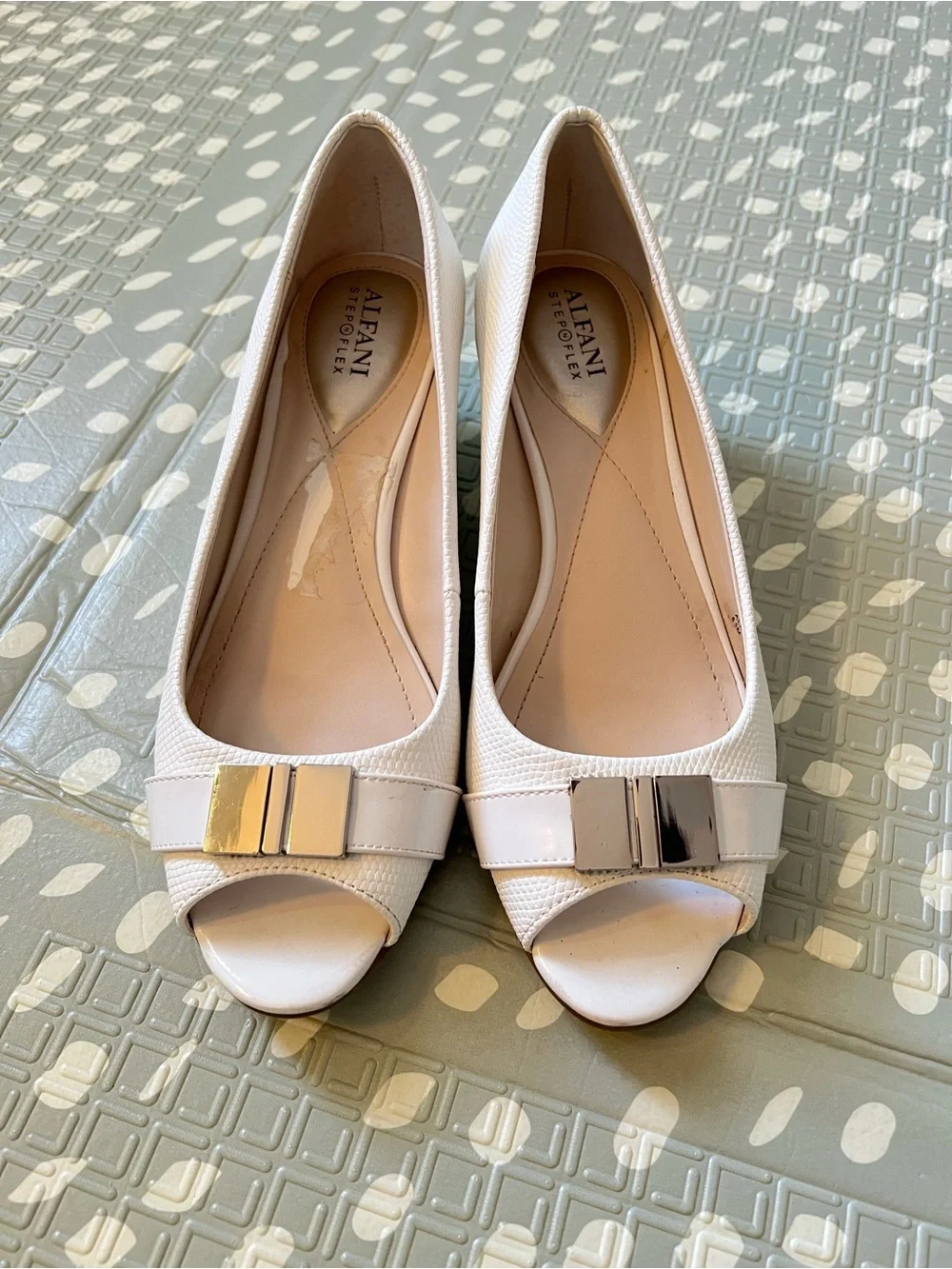 Alfani White Open-Toe Heels with Metallic Bow Accents